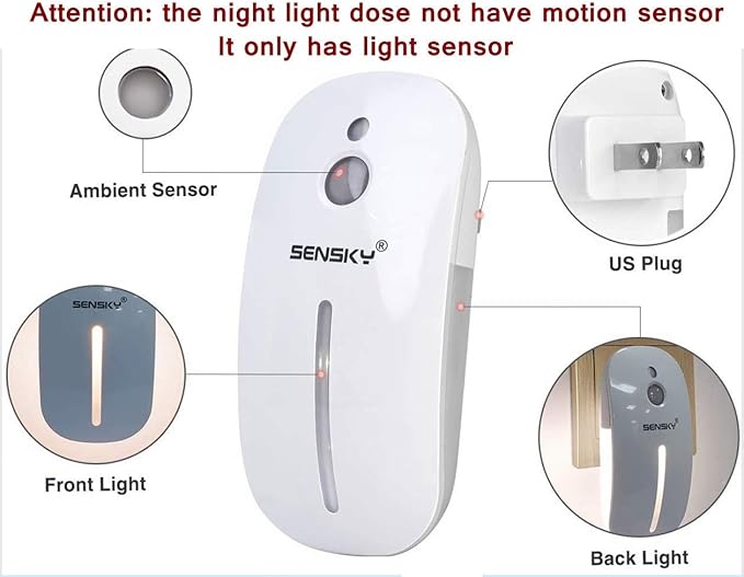 Sensky [2 Pack Plug in Night Light with Auto Dusk to Dawn Sensor, Brightness Adjustable, Dimmable Night Light for Bathroom, Kitchen, Hallway, Stairs, Garages (with Front Light and Back Light)