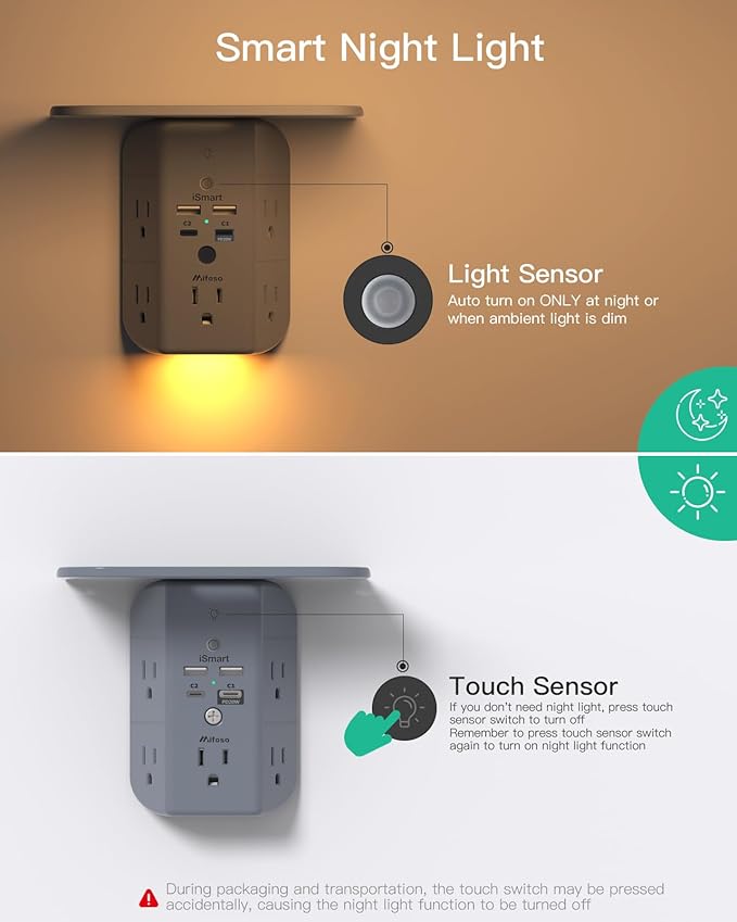 PD20W Wall Outlet Extender, Outlet Splitter with Shelf and Night Light, USB Wall Charger with 5 AC Outlets and 3 USB A Ports 1 USB C Ports Wide Space 3-Sided Power Strip Multi Plug Outlets Gray