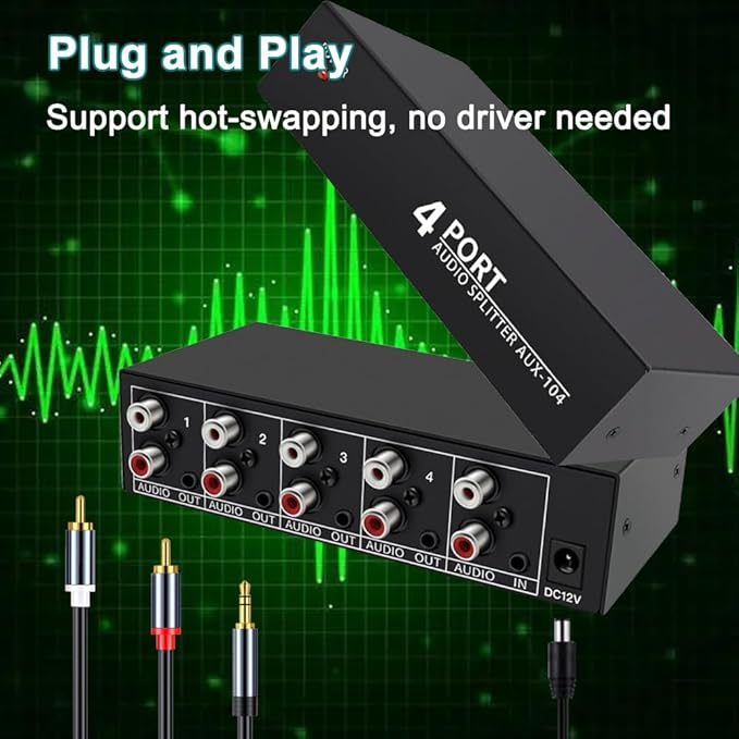 FlyroadUp 3.5mm Aux + RCA L/R Audio Splitter 1 in 4 Out Stereo Analog Audio Distributor Box