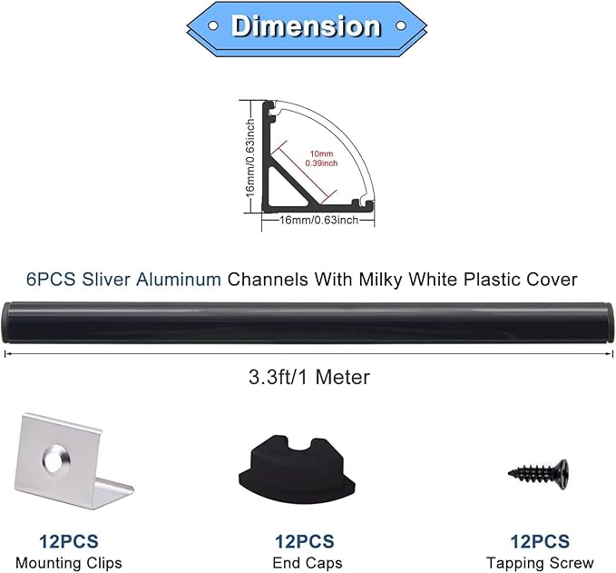 VST 6pack 3.3 ft LED Channel, V Shape Led Diffuser Channel, LED Aluminum Channel System with Black Cover, End Caps and Mounting Clips, Aluminum Profile for LED Strip Light Home Decoration