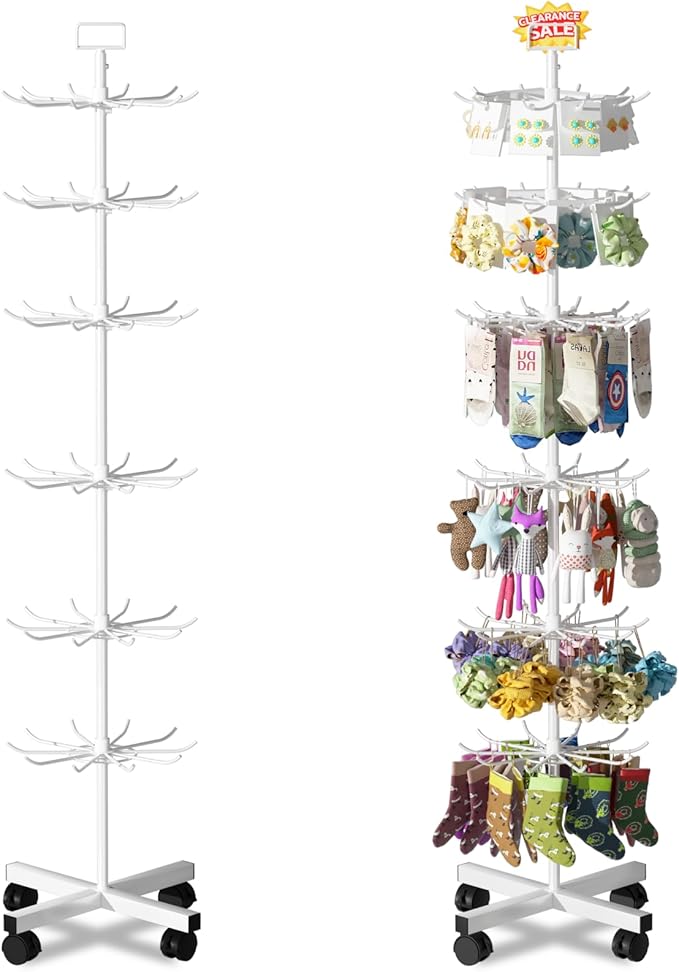 Exttlliy Retail Display Stand Store Display Rack 6 Tier Metal Spinning Display Stand Rack with Wheels Keychain Jewelry Stocking Hat Stand with Hooks for Malls, Showroom, Retail Store (6 Tier White)
