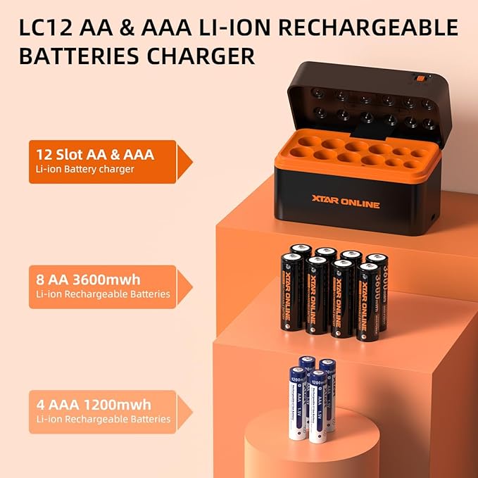 XTAR aa Rechargeable Batteries with Charger LC12 Lithium Double a Batteries 1.5V 3600mWh AA 1200mWh AAA Kit (Charger+8AA+4AAA)
