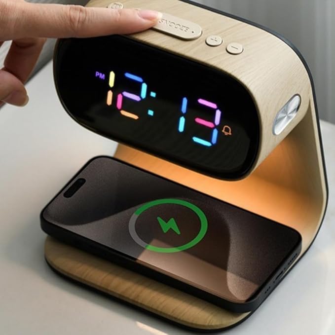 AYI 3in1 Multi-Functional Wireless Charging Alarm Clock Smart Night Light Qi Charger LED Digital Clock Adjustable Light 15W Fast Wireless Charging for All Qi Phone and TWS Headphone Pro Wood Color