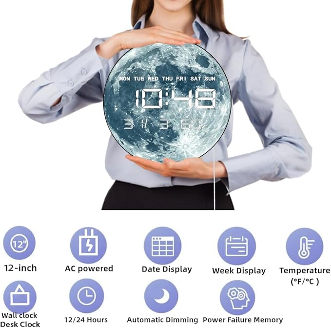 Timethink 12'' Full Moon Digital Wall Clock with LED Display, Lunar Moonlight LED Electric Wall Clock Calendar & Temperature, Automatic Dimming, 12/24hr Format, Wall & Desk Use for Bedroom Living Room