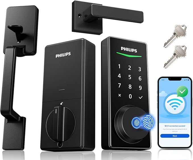 Philips WiFi Smart Lock with Front Door Handle Set, Built-in WiFi, APP Remote & Voice Control, Fingerprint Keyless Entry Door Lock, Keypad Deadbolt Smart Locks for Front Door, Auto-Lock, Backup 2 Keys