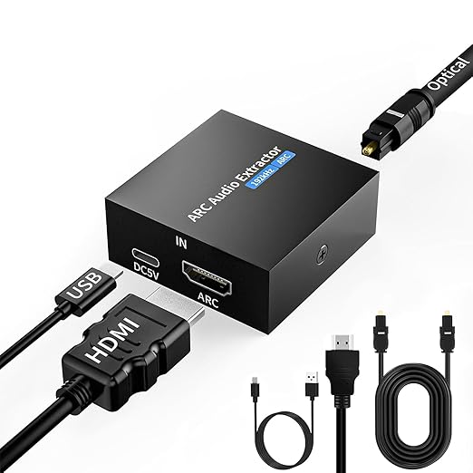 192KHz ARC Audio Extractor, HDMI ARC to Toslink/Optical+3.5mm AUX Output, HDMI to Optical Audio Adapter with Optical Cable, ARC to RCA Audio Converter for TV Amplifier Speaker/Soundbar/Headset