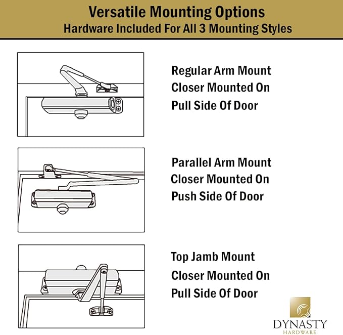 Dynasty Hardware Door Closer, Grade 1 Heavy Duty Commercial Hydraulic Closer, Self-Closing, Adjustable Spring Size 3-6, Surface Mount, Sprayed Duronotic Bronze, Series 1636