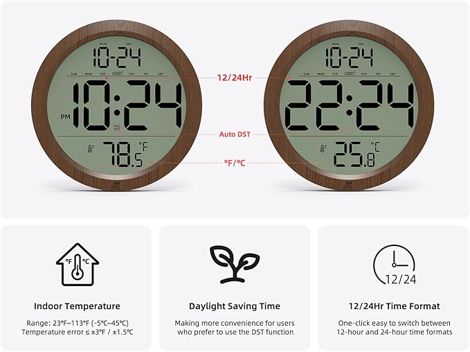 Digital Wall Clock with Date, Indoor Temperature, Auto-DST, Battery-Operated Digital Clock, 8 Inch Small Decorative Wood Wall Clock for Bedroom, Living Room, Kitchen, Office, Modern, Electric, Simple