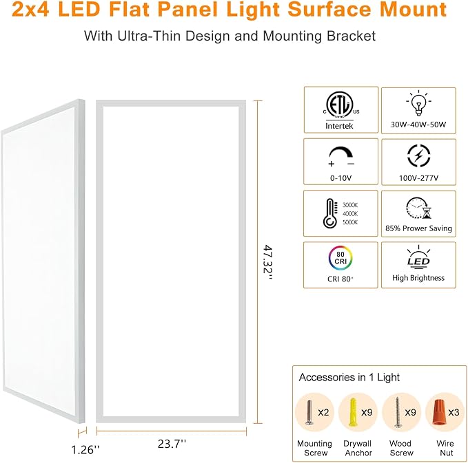 Mcacggo 4-Pack 2x4 FT LED Flat Panel Light Surface Mount 5000K-4000K-3000K Switchable & 0-10V Dimmable, 30W-40W-50W Selectable, Flush Mount Ceiling Lights 24x48 inch, ETL Listed, 100-277V, White