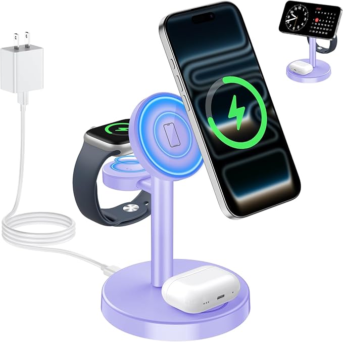 Aeinidi 2026 3 in 1 Wireless Charging Station Compatible with MagSafe, 15W Fast Magnetic Mag-Safe Charger Stand for Apple iPhone 17 16 15 14 13 12 Series iWatch AirPods Pro 4 3 2, Purple