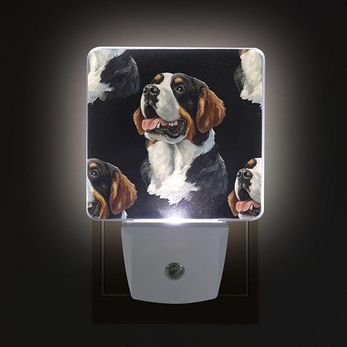 Pigsaly Led Night Light Watercolor Cute St Bernard Dogs Head Night Light Plug in Wall Lamp Smart Dusk to Dawn Sensor Nightlight Led Lamp Energy Saving Lights Gift for Kids Room Bedroom Bathroom Hallw