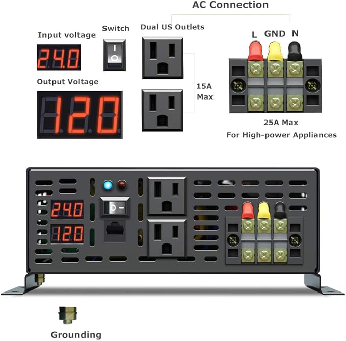 WZRELB 3500W 24VDC 120VAC Pure Sine Wave Power Inverter, 2 AC Outlets, Wired Remote Control, RV (RBP-350024WR)