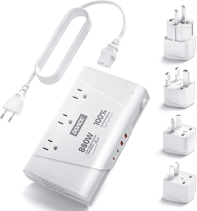 DOACE 800W Travel Adapter Voltage Converter, 220V to 110V Pure Sine Wave Step-Down Transformer for International Travel, 3 AC Outlets & 4 USB, Compatible with Phones, Hair Tools, Cameras & Laptops