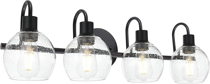 WINSHEN 4-Lights Contemporary Bathroom Light Fixtures Over Mirror with Seeded Globe Glass Shades, Black Rustic Vanity Wall Lighting for Bedroom Dressing Cabinet