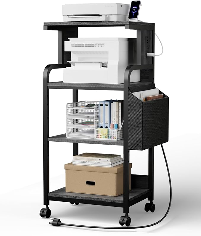 DongRong Tall Printer Stand with Storage Adjustable Shelf and Bag, 4-Tier Large Printer Table with Charging Station for Home Office, Printers Cart with Wheels for 3D Shredder Scanner Fax (Grey)