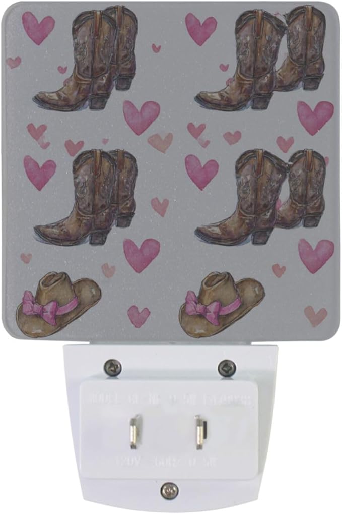 Pigsaly Led Night Light Cowgirl Hat Boots Pink Bow Hearts Night Light Plug in Wall Lamp Smart Dusk to Dawn Sensor Nightlight Led Lamp Energy Saving Lights Gift for Kids Room Bedroom Bathroom Hallway