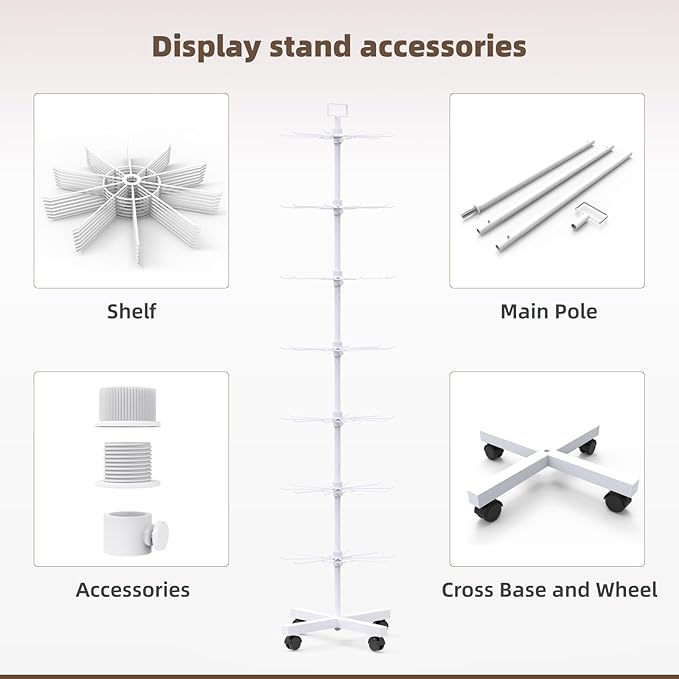 YEOOE Retail Display Racks 7 Tier Spinning Display Stand, Movable Shop Spinner Rack with Hooks, Retail Display Stand for Jewelry Keyring Hats Socks Toys (White)