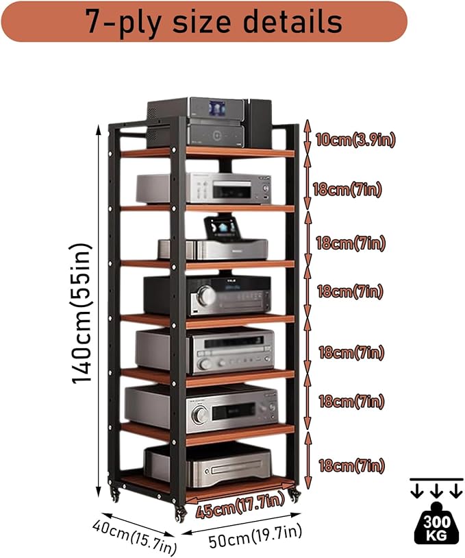 Dernoing 7 Tier Audio Rack Tower, CD Record Player Stereo Receiver AV Equipment Cabinet Display Rack, Weight Capacity 661 lbs, with Adjustable Wooden Shelves for Home (7 Tier Teakwood)