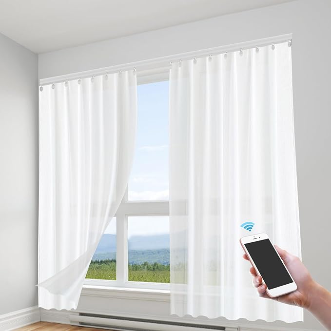 Lemoeyes Electric Curtain Track, Retractable Motorized Curtains Rod From 7-13.78ft, Automatic Curtain Opener with controller/Voice Control, Smart Curtains System for I-Rrail and U-Rail (For 7-13.78ft)
