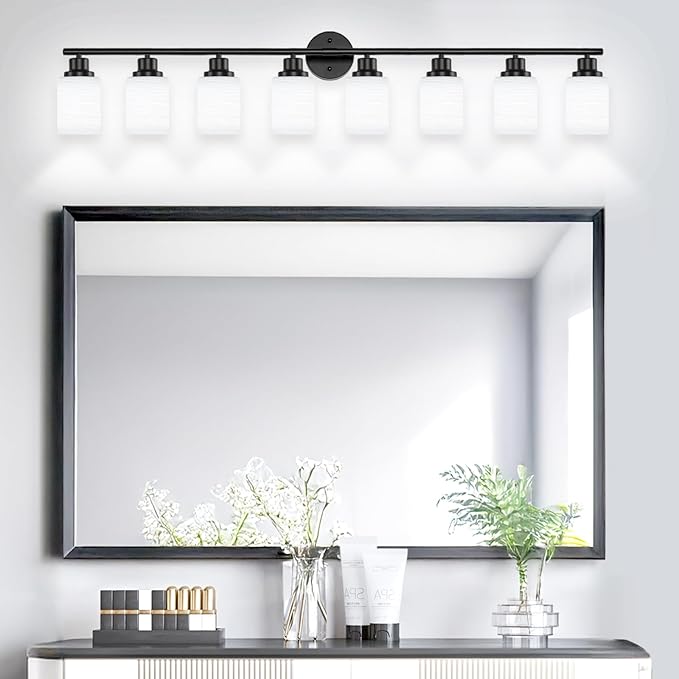 Guliaofo 8-Light Vanity Lights, Black Bathroom Light Fixture with Striped Textured Milky White Glass Shade, Modern Vanity Lighting Fixture for Bathroom Wall Light Over Mirror, E26 Wall Sconce