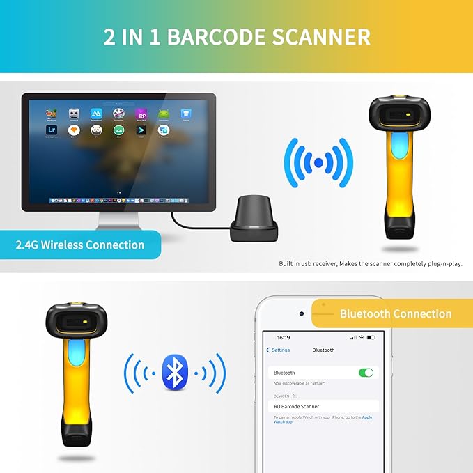 NETUM Upgraded QR Industrial Bluetooth Barcode Scanner with Charging Dock, Wireless 2D 1D Bar Code Reader 2600mAh Drop Protection Shock Dust Proof Hands Free for Windows Mac Android iOS (RD-1200)