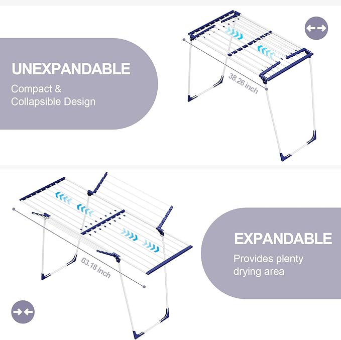 APEXCHASER Clothes Drying Rack - Foldable Laundry Rack Indoor Outdoor, Gullwing Drying Rack Clothing with 10pcs Clips + Bag, Collapsible Space-Saving Clothes Rack for Drying Towels Dolls, White