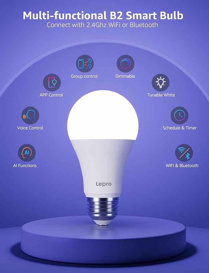 Lepro B2 AI Smart Light Bulbs - 1100LM WiFi & Bluetooth RGBWW Color Changing LED Bulb, Works with Alexa & Google Assistant, Personalized Al Lighting Designer, AI Voice Control, 2.4GHz Only, 4 Pack
