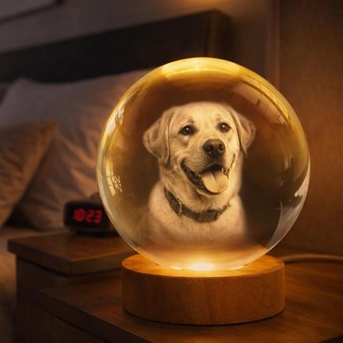 Herihues Personalized 3D Photo Crystal Ball, Custom Engraved Picture Lamp with Wood Base, Night Light for Dog Lovers, Dog Memorial Gifts, Loss of Pet Sympathy Gift Night Light, Custom Photo Portrait