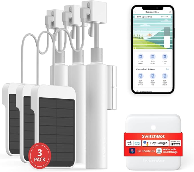 SwitchBot Smart Electric Motorized Blinds Kit - 3Pack with 2.4G WiFi Remote Control, Solar Powered, Compatible with Alexa, Google Home and Siri, Light Sensing Control, Unlimited Group Control
