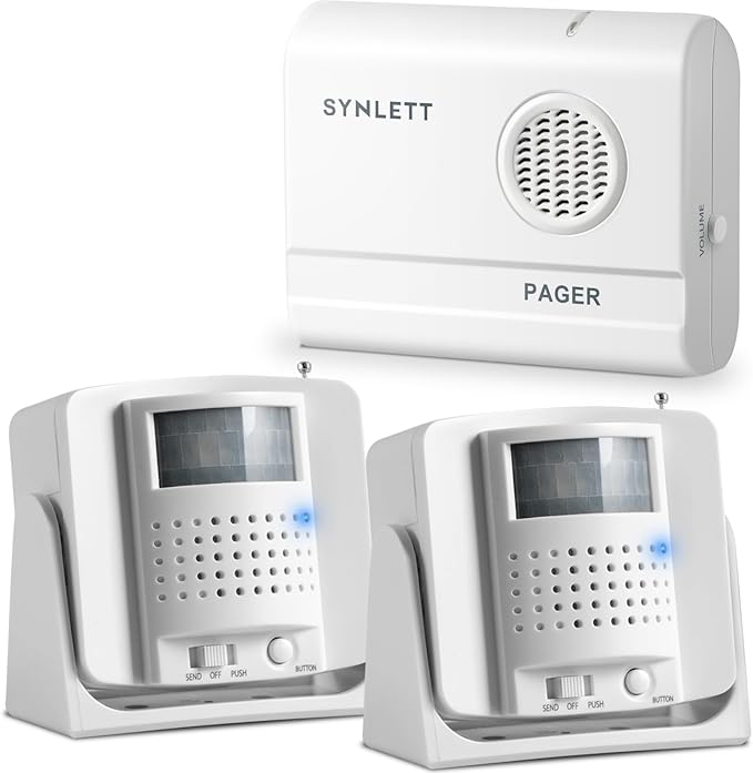 SYNLETT Bed Alarm Caregiver Pager with 2 Wireless Motion Sensors Alarm Indoor Fall Prevention for Elderly Monitoring Seniors Dementia Patients Seniors Home Door Chime