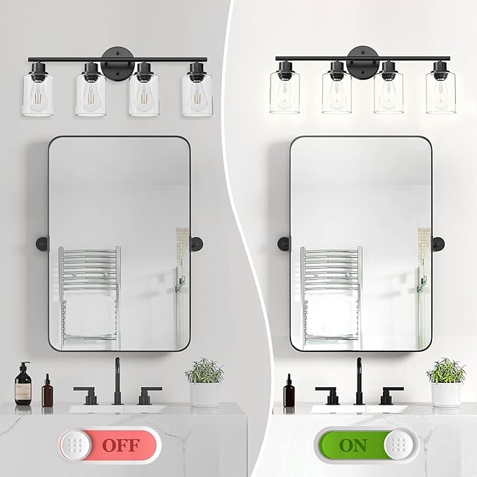 Guliaofo 4-Light Black Bathroom Light Fixtures, E26 Modern Vanity Lights for Bathroom with Clear Glass Shade, Wall Lamps for Mirror Hallway Kitchen Cabinet Living Room Sconces Lights