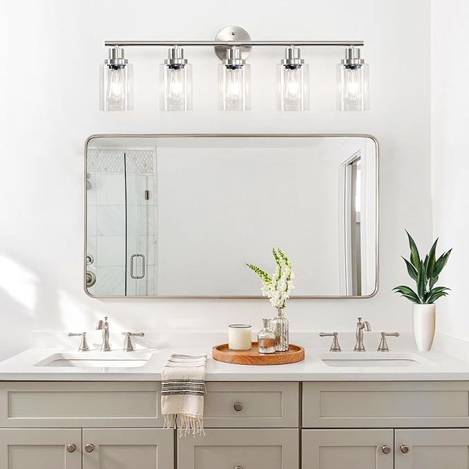 Guliaofo 5-Light Bathroom Vanity Lights, E26 Modern Brushed Nickel Bathroom Light Fixtures with Clear Glass Shade, Mirror Kitchen Hallway Cabinet Living Room Sconces Wall Lights
