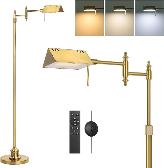 Dimmable Pharmacy Floor Lamp with Remote, 17W Gold LED Reading Floor Lamp with 360°Swing Arm, 3 Color Temperature, Height Adjustable Standing Task Lamp for Living Room, Bedroom, Office, Antique Brass