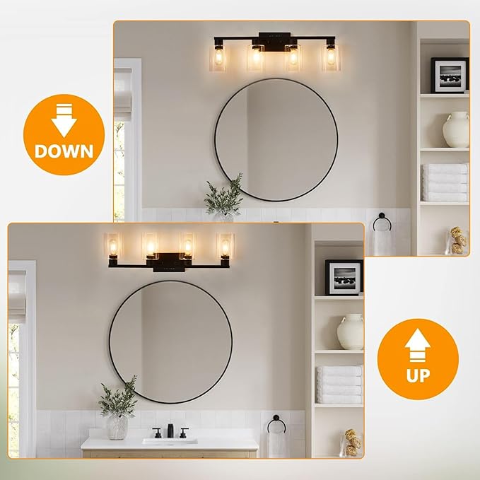 SOPEAS 4 Light Bathroom Vanity Light Fixtures, Black Farmhouse Bathroom Vanity Light with Clear Glass Shade, Bathroom Lighting Fixtures Over Mirror, Vanity Lights for Bathroom Mirror