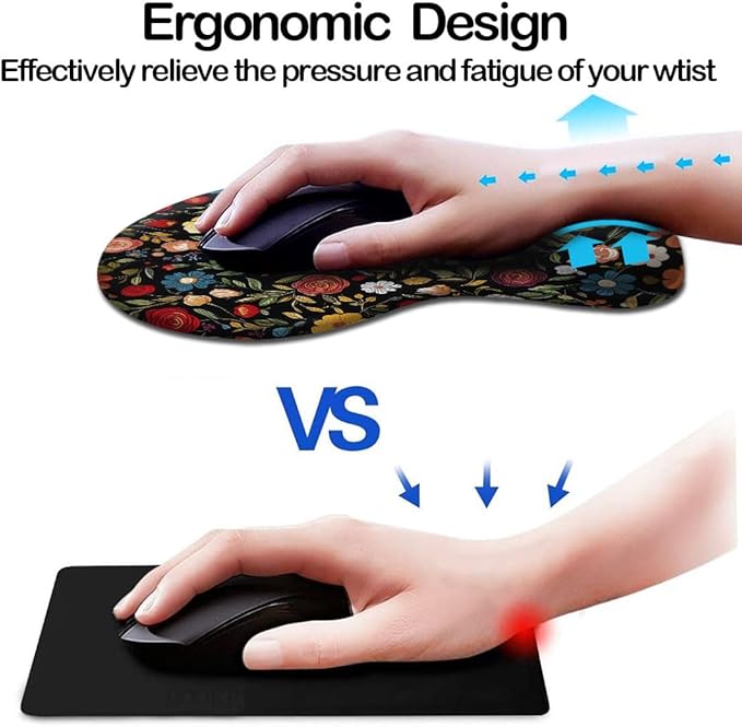 Ergonomic Mouse Pad with Wrist Support,Mouse Pad with Wrist Rest and Coaster Set,Office Supplies Non-Slip Mouse Pads for Desk, Non-Slip Comfortable,Black Floral