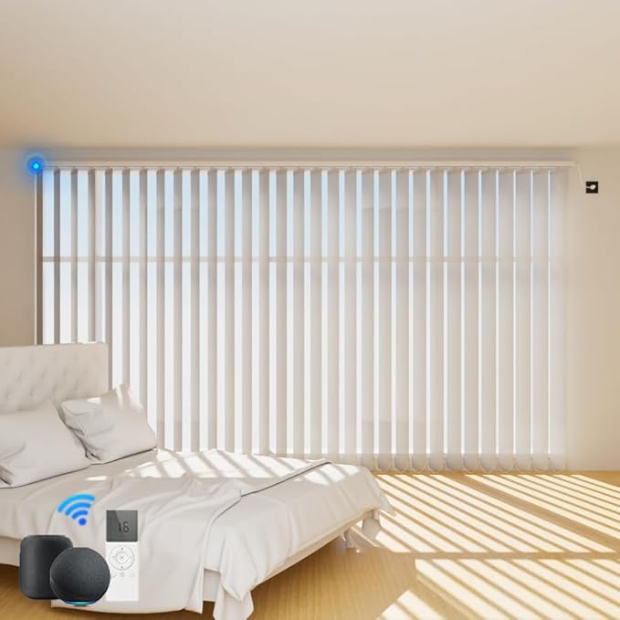 Blindify Motorized Vertical Blinds Compatible with Alexa Google Home, Light Filtering Sliding Door Shades Smart Vertical Blinds Remote Control Customize, Pure White