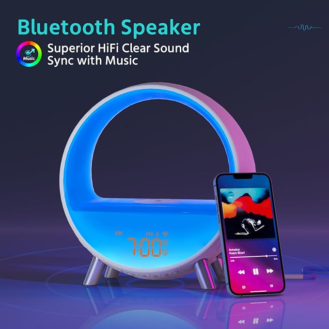 MOMILLA Sunrise Alarm Clocks with Bluetooth Speaker, White Noise Sound Machine with with Wireless Charging Station, 11 Lights Effects Night Light, Wake up Light Sunset Lamp Bedrooms for Adults Kids