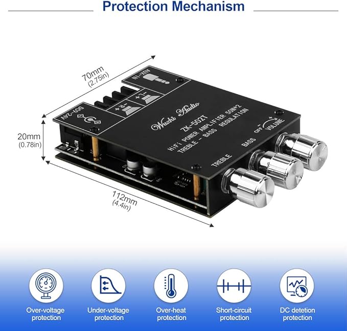 ZK-502T Power Amp Bluetooth 5.0 Audio Amplifiers Board 2.0 Channel 50W+50W AUX BT DC12-24V Mini Stereo Amplifier Module with Treble and Bass for DIY Home Speakers