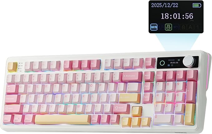 EPOMAKER TH99 PRO 96% Mechanical Keyboard with Screen & Knob, 10000mAh, 2.4Ghz/BT, Hot Swap, Custom Driver, RGB Backlight, PBT Keycap, Wireless Gaming Keyboard for PC/Mac (Pink, Sea Salt Silent)
