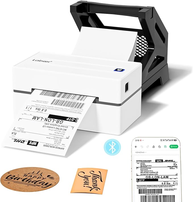 Labeer Bluetooth Thermal Shipping Label Printer, 4x6 Wireless Shipping Label Printer with Holder for Small Business, Compatible with iPhone, Android, Windows, Mac, Chromebook, USPS, Ebay, Shopify