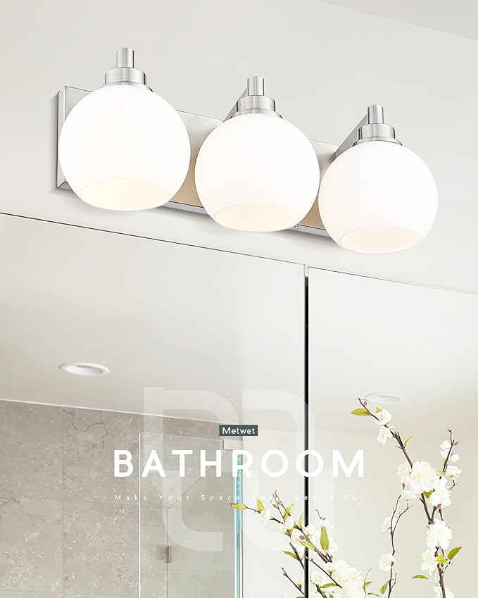 METWET Bathroom Light Fixtures, 3-Light Brushed Nickel Vanity Light, Modern Wall Sconces with Milk White Globe Glass Shade, Vanity Lighting Fixtures Over Mirror, VL195-BN-ML-3