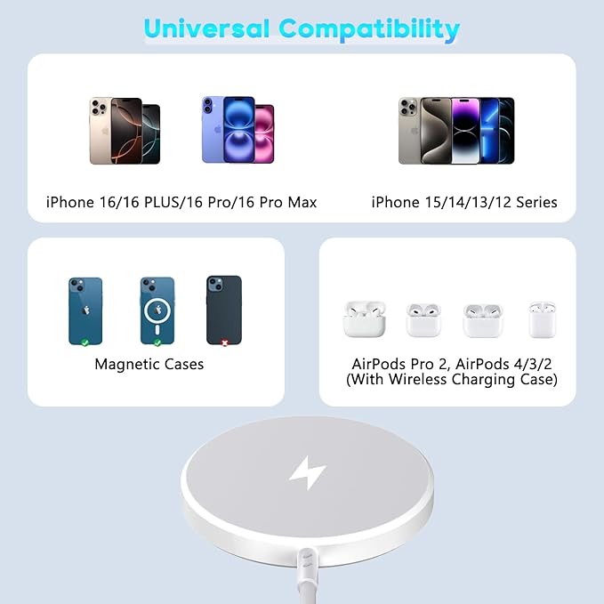 [Apple MFi Certified]Magnetic Wireless Charger for iPhone 17 16 15,10FT Fast Mag Safe Wireless Charging Pad with 20W USBC Charging Block for iPhone 17/Air/16 Pro Max/16 Pro/15/14/13/12,AirPods 3/Pro 2