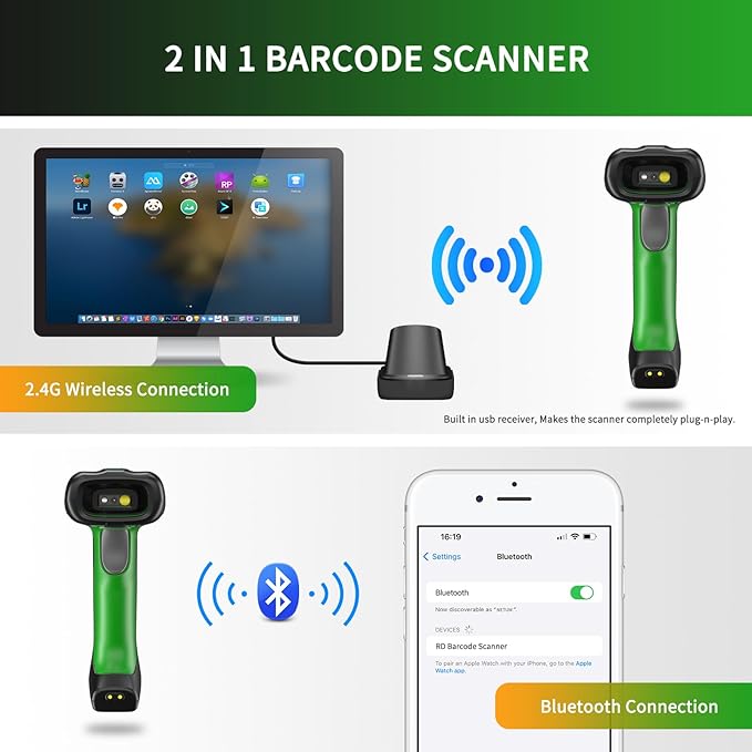 NETUM 2D QR Industrial Bluetooth Barcode Scanner with Charging Dock, Upgraded Wireless 2D/1D Bar Code Reader, 2600mAh Battery, Drop Dust WaterProof, Hands-Free for Windows, Mac, Android, iOS (RD-1950)