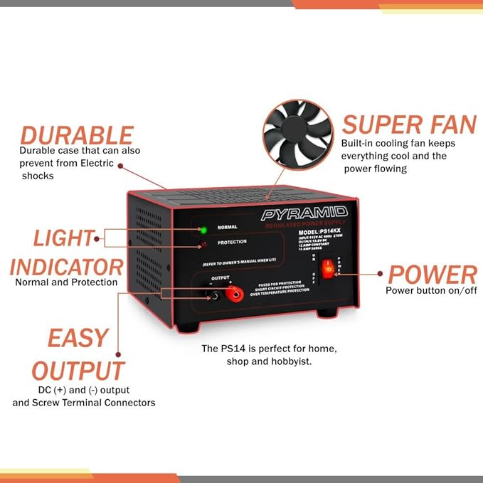 Pyramid Universal Compact Bench Power Supply - 12 Amp Linear Regulated Home Lab Benchtop AC-to-DC 12V Converter w/ 13.8 Volt DC 115V AC 270 Watt Power Input, Screw Type Terminals, Cooling Fan PS14KX