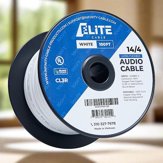 Elite 14/4 Speaker Wire 100ft, UL Listed, CMR/CL3R, (Riser/In-Wall & Outdoor/In-Ground (Direct Burial)- 100% Oxygen Free Pure Bare Copper (OFC), 14AWG/4-Conductor, 100ft Bulk Cable (105 strands) White