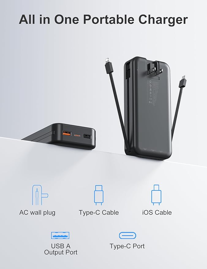 aonidi 20000mAh Ultra-Portable-Charger-Power-Bank PD20W with Built in Cables&AC Wall Plug,Fast Charging Cell Phone Charger Battery Pack,LED Display Travel Battery Bank for All iPhone,Samsung,Android