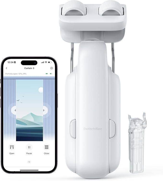 SwitchBot Automatic Curtain Opener - Bluetooth Remote Control Smart Curtain with App/Timer, Upgraded High-Performance Motor, Add SwitchBot Hub to Work with Alexa, Google Home, HomeKit