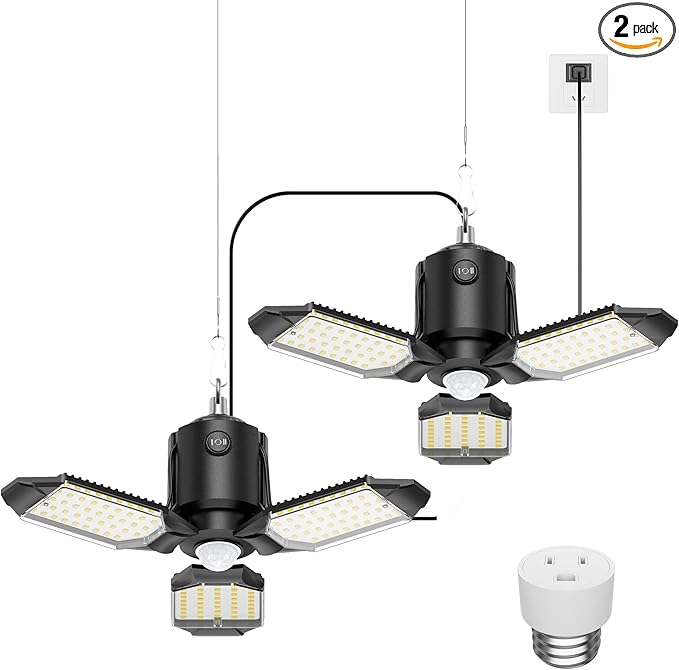 Kryoza Garage Motion Sensor Lights Plug-in 2Pack, 8000LM Super Bright Motion Activated LED Shop Light, 360° Detection & Retractable Steel Wire, Indoor Motion Light Bulb for Attic/Barn