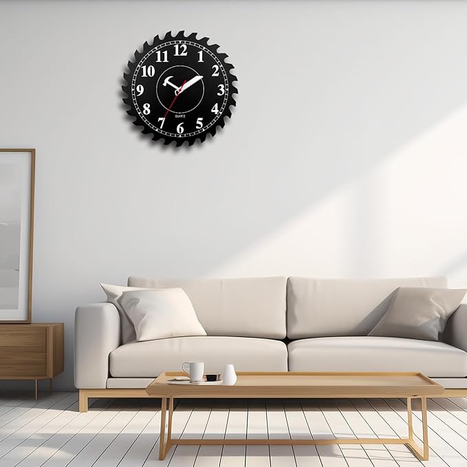 CIGERA 12 Inch Wall Clock with Circular Saw Blade Dial, Handsaw and Hammer Pointer,Great Decor for Home,Workshop and Man Cave (Black)