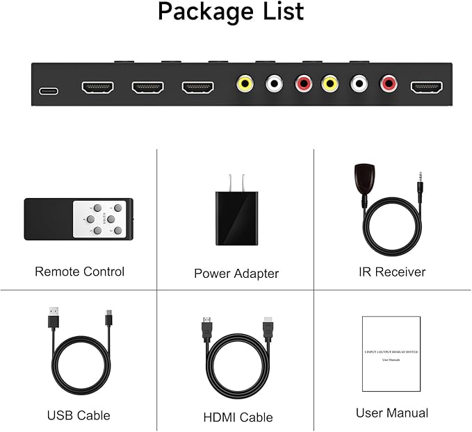 5 in to 1 Out RCA/HDMI Switcher，3 Way HDMI 2.0 + 2 RCA to HDMI Converter, Support 4:3/16:9 4K and 3D for PS1/2/3/4/5, N64, SNES, Switch, DVD, Roku, etc.